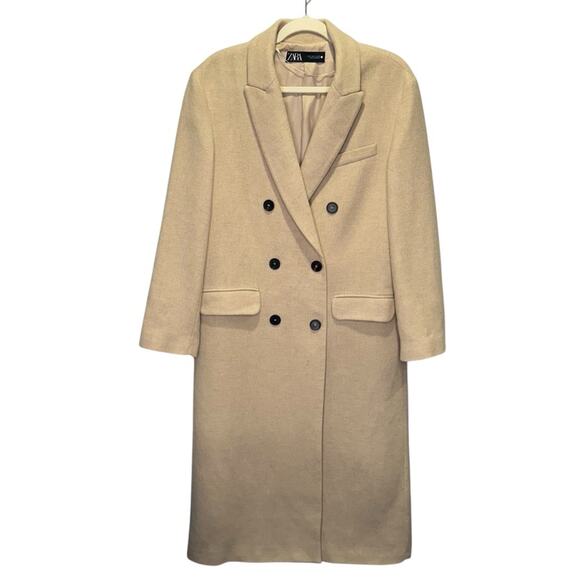 Zara Wool Blend Double Breasted Classic Straight Cut Beige Coat Small - Picture 1 of 12